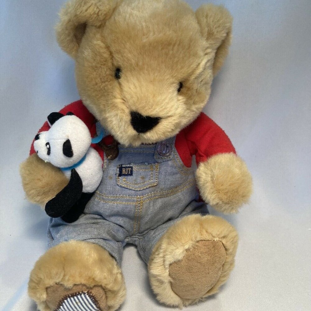 Blue Jean Teddy bear With Panda plays music with wind up #7337 VNTG  Head Moves
